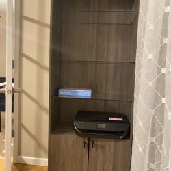 Wood Bookcase With Glass Shelves, 68”x26” Slate Gray