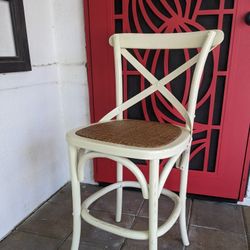 SET OF THREE Wood & Rattan Bar Stools