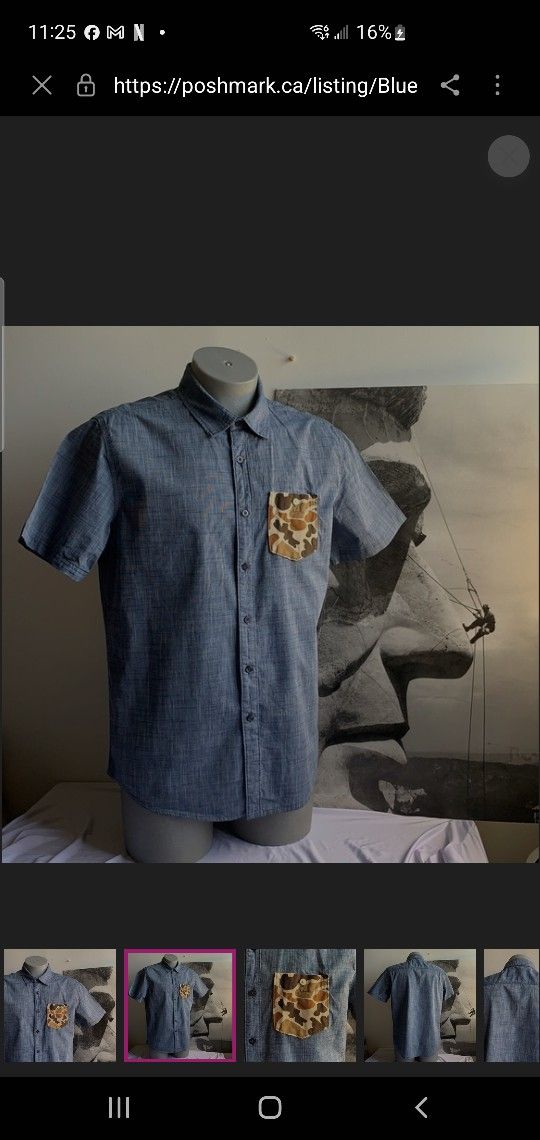 Blue Cotton Button Down with Camo Pocket L