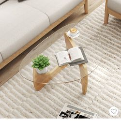 Costway Triangle Coffee Table w/ Tempered Glass Top & Adjustable Rubber Wood Base