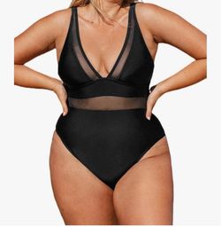 CUPSHE Women’s Black One Piece Swimsuit V Neck Mesh Sheer Sz 0X NWT