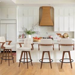 Set of 4,26”” Counter Height Bar Stools,Leather Upholstered Bar Chair, Swivel Bar Stools with Back and Arms，Modern Beige Barstool for Kitchen Island 
