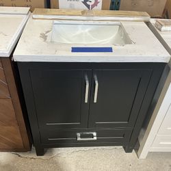 30” Bathroom Vanity in black , single sink soft close solid wood with vanity top in white  $475  Luke’s liquidations warehouse Address:  2434 N Forsyt