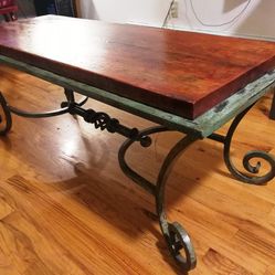 Antique Solid Wood Slab / Wrought Iron Coffee Table. Hand-made, unique & sturdy