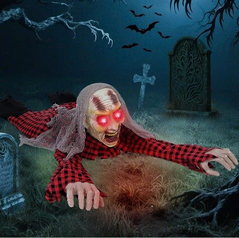 Zombie Halloween Animatronics Decoration with Light-Up Eyes Creepy Sound & Activated Sensor Outdoor and Indoor Scary Animated Decor Props for Garden Y