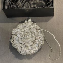 Brand New - Evening Purse - Rose Silver Clutch Crystals, And Rhinestone