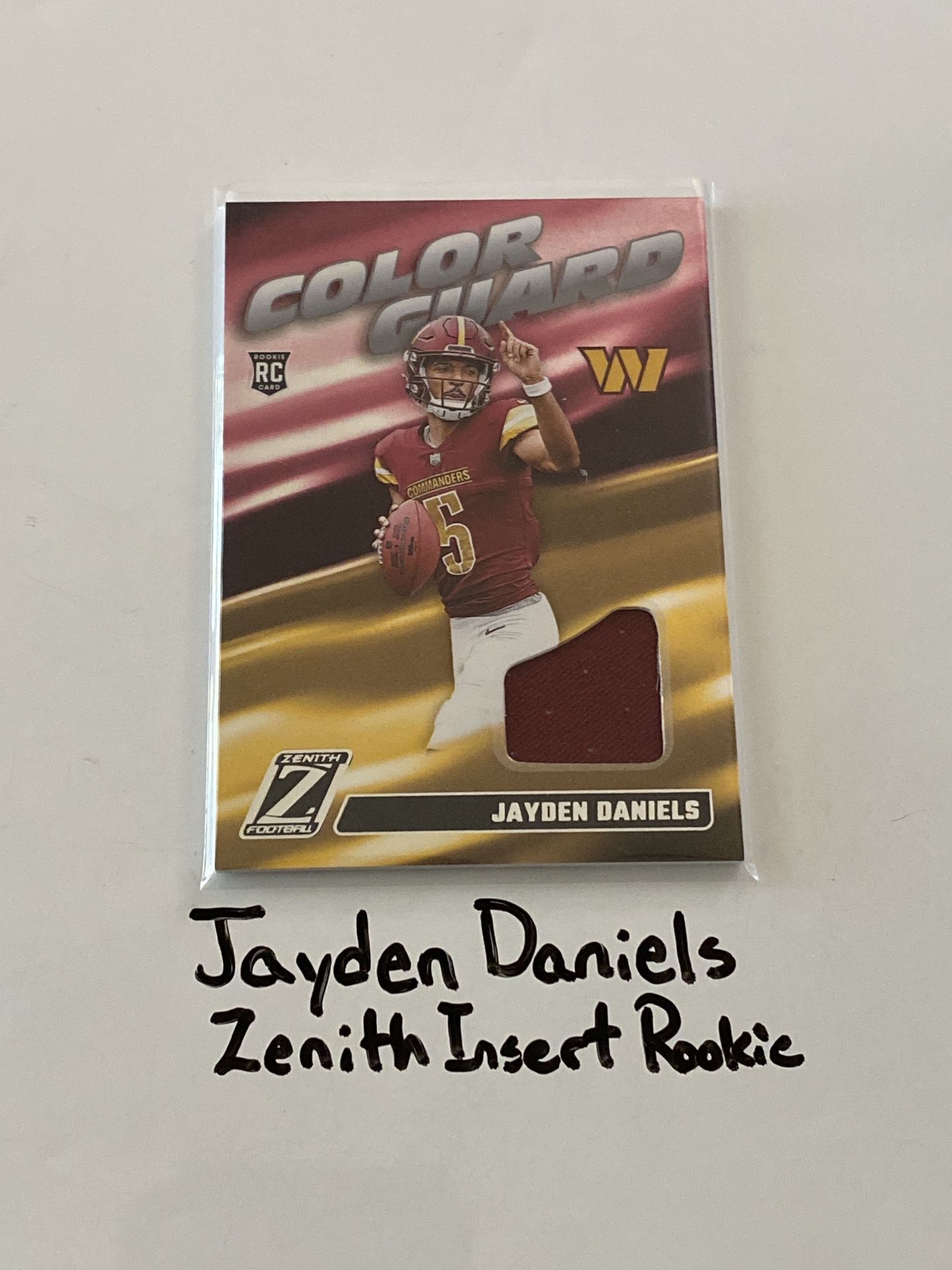 Jayden Daniels Washington Commanders QB Zenith Short Print Rookie Jersey Insert Card.