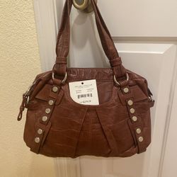 B. Makowsky Brandy Textured Leather Hobo Satchel Purse Handbag With Dust Bag Cover Silver-Tone Hardware 