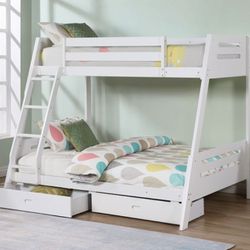 Brand New White Twin Over Full Bunk Bed w Trundle Drawers 