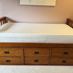 Twin Bed w/ Storage + Memory Foam Mattress – Solid Wood