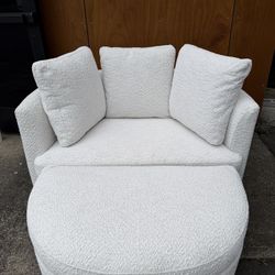 Free Delivery! Pair of Holley Fabric Accent Chairs w/ Ottomans – Ivory Bouclé Style