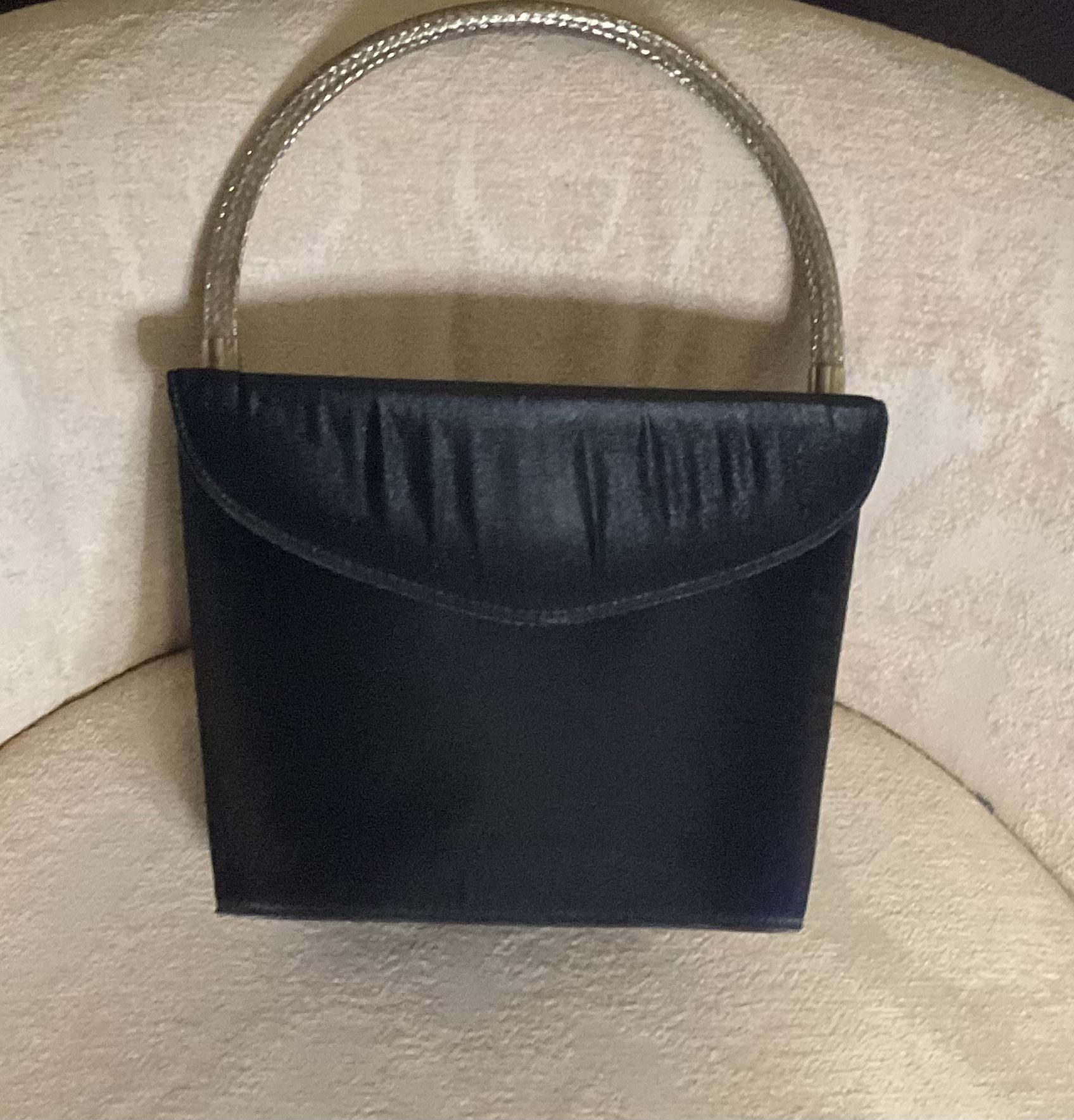 Salvatore Ferragamo Vintage Black Satin with Metal Top Handle Handbag 