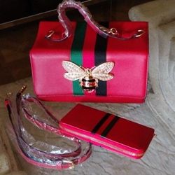 New Red Bumblebee Handbag Purse Bag Wallet SET Strap Crossbody option