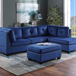 Brand New Blue Velvet Sectional With Ottoman