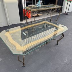 Set of 2 Vintage Wrought Iron/Rattan And Glass Top Table, Console Table and Coffee Table 