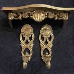 HOMCO VINTAGE WALL CANDLE SCONCE SET MATCHING SHELF