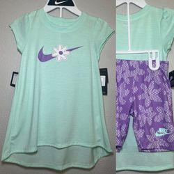 Nike Girls' Sport Daisy Biker Short Set NWT Size 6X Mint And Purple 2PC