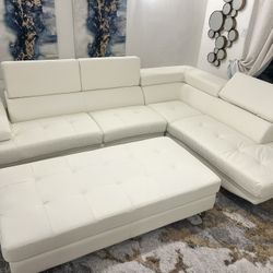 New Sectional W Adjustable Headrests.  White, Brown Or White/Grey.  124x94x36H.  Free Delivery!