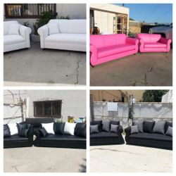 Brand NEW  Sofa And Loveseat Set, PINK, WHITE, BLACK LEATHER AND BLACK GREY FABRIC COMBO.  Sofas , Couch  Set