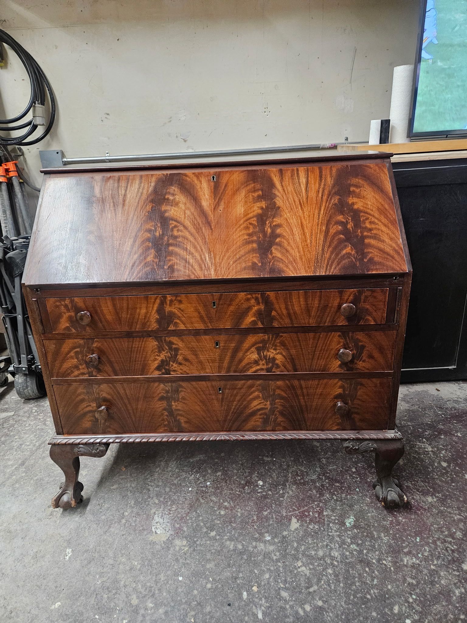 Early 1900’s Claw And Ball Feet  Flame Mahogany Secretary Desk 
