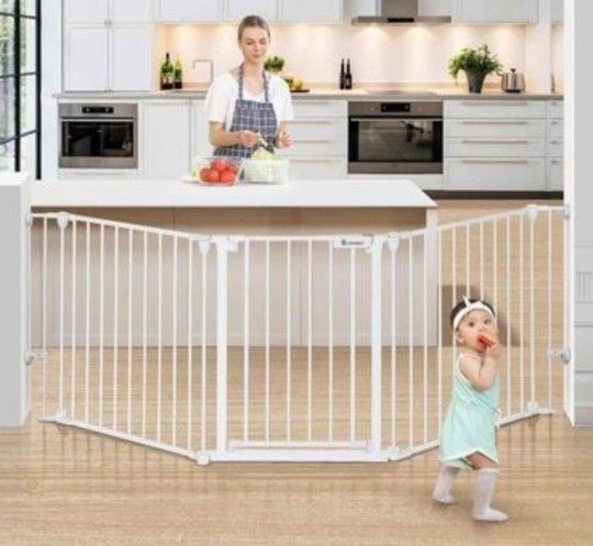COMOMY 80" Extra Wide Baby Gate, Dog Gate for House Stairs Doorways Fireplace, Auto Close Pet Gate with Door Walk Through, 3 Metal Panels, Hardwar