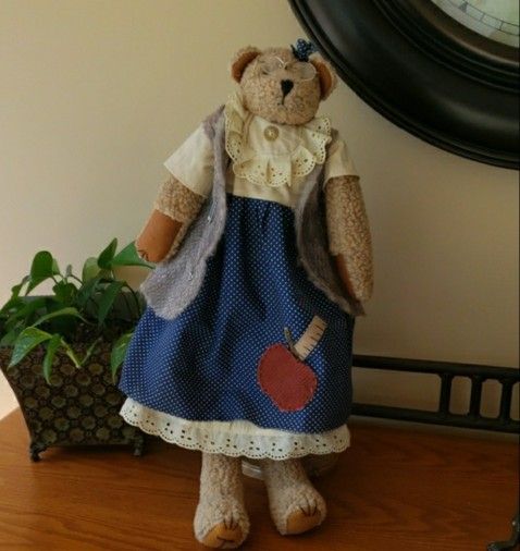 Teddy Tomkins Collectibles- Charming Blue Polka Dot Teddy Bear On Stand
