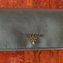 Prada Long Fold Over Khaki Nylon & Metallic Leather Wallet   