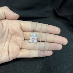 925 Sterling Silver Women Girl Pink Heart Teddy Bear & Rolo Chain