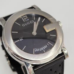 Gucci 101M  Day -Date Men's Watch Black Dial Swiss Made Stainless Steel Leather Strap