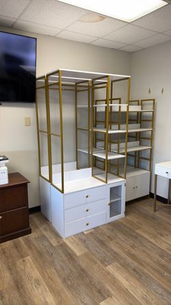 White and Gold Modular Shelving Unit with Drawers