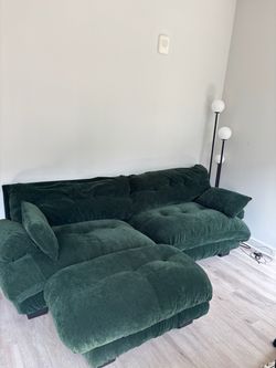 Green Velvet Sectional Sofa with Ottoman