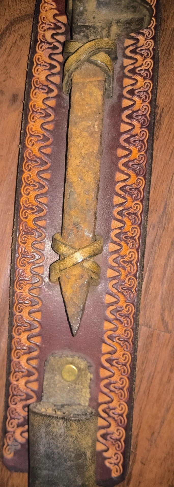 Antique Railroad Tie Comes On A Stamped Leather Casing