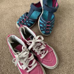 2 Pair Girls Shoes Size 12/Pink High Top Vans/Teal And Pink Merrell Sandals