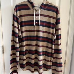 Men’s On The Byas Lightweight Long Sleeve Striped Tan, Burgundy and Navy Pullover Hoodie with 3 Buttons and Front Kangaroo-Style Pouch - Size Large 
