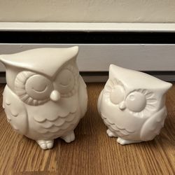 Vintage White Ceramic Owl Figurines Set Of 2