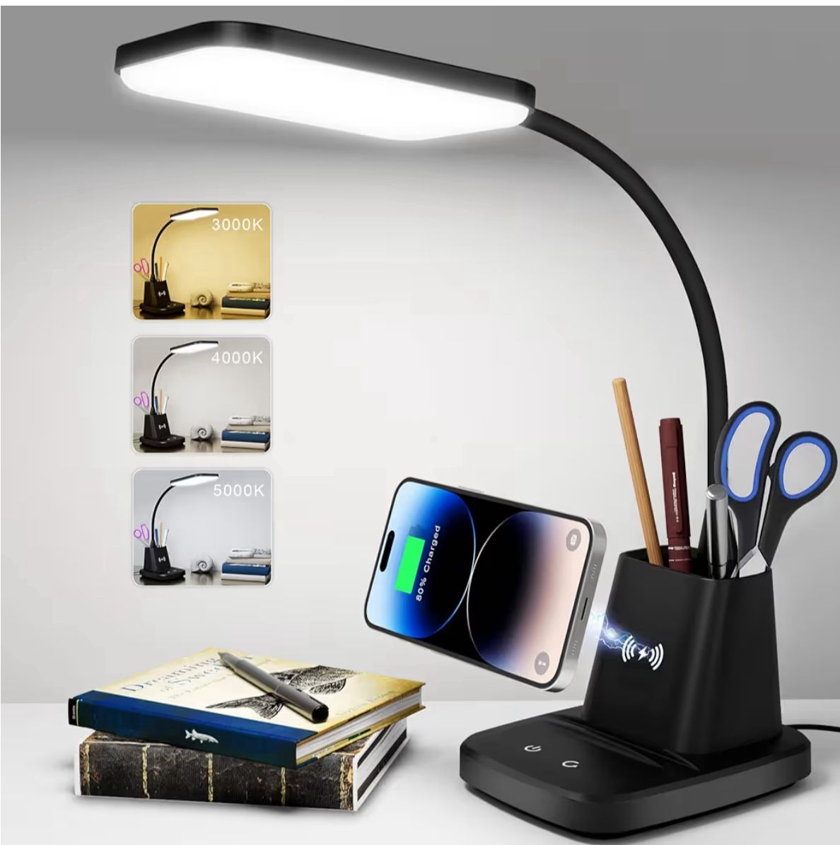 LED Desk Lamps for Home Office, Wireless Charger Small Desk Lamp with Pen Holder