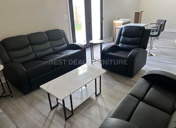 Black faux leather Reclining Couch 3-Pc Set — Sofa • Loveseat • Chair