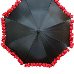 Vintage Huge Black Umbrella Trimmed In Roses 