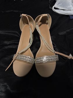 Nude Heeled Sandals with Pearl and Rhinestone Detail