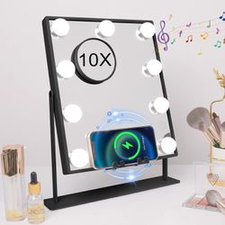 Black Vanity Mirror with Music Speaker and Wireless Charging Makeup Mirror with 9 Lights Tabletop