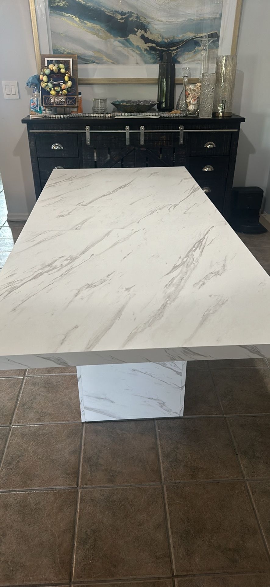    gorgeous•••White Rectangle Faux Marble Top Dining Table H30 in W71in D32in.