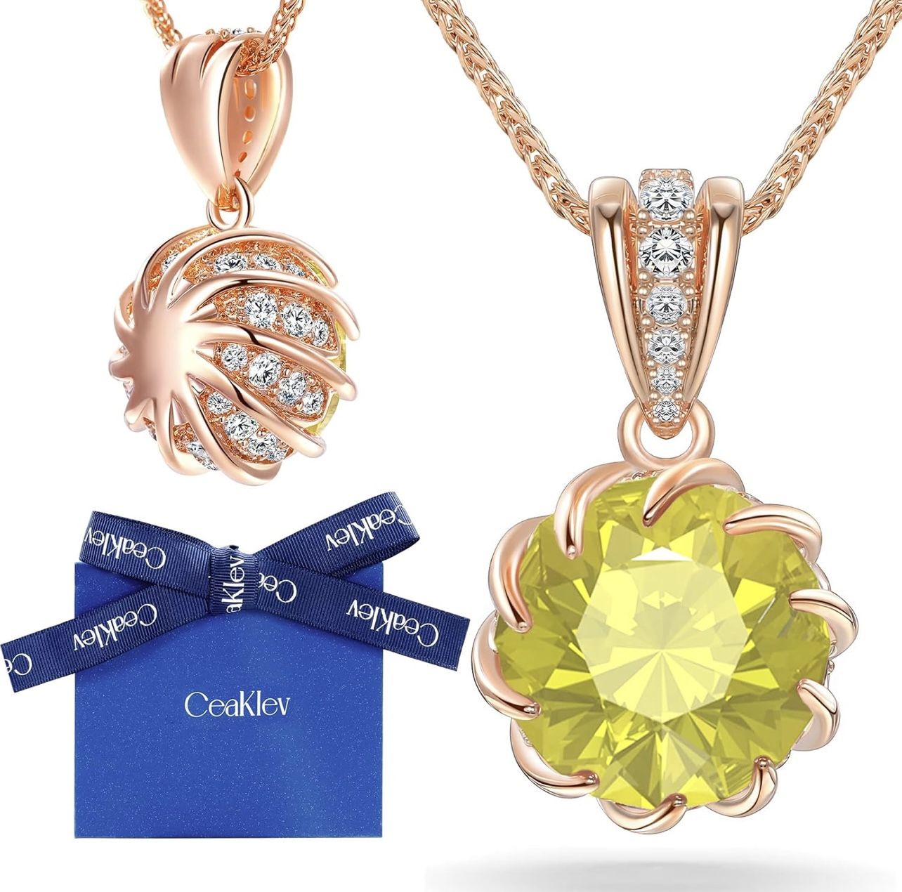 CeaKIev 6.0Carat (12.0mm) Round Cubic Zirconia Pendant Necklace 41 Accent Diamond-Cut Stones 18K Gold Plated Rose Gold Chain Adjustable (18"+2") Women