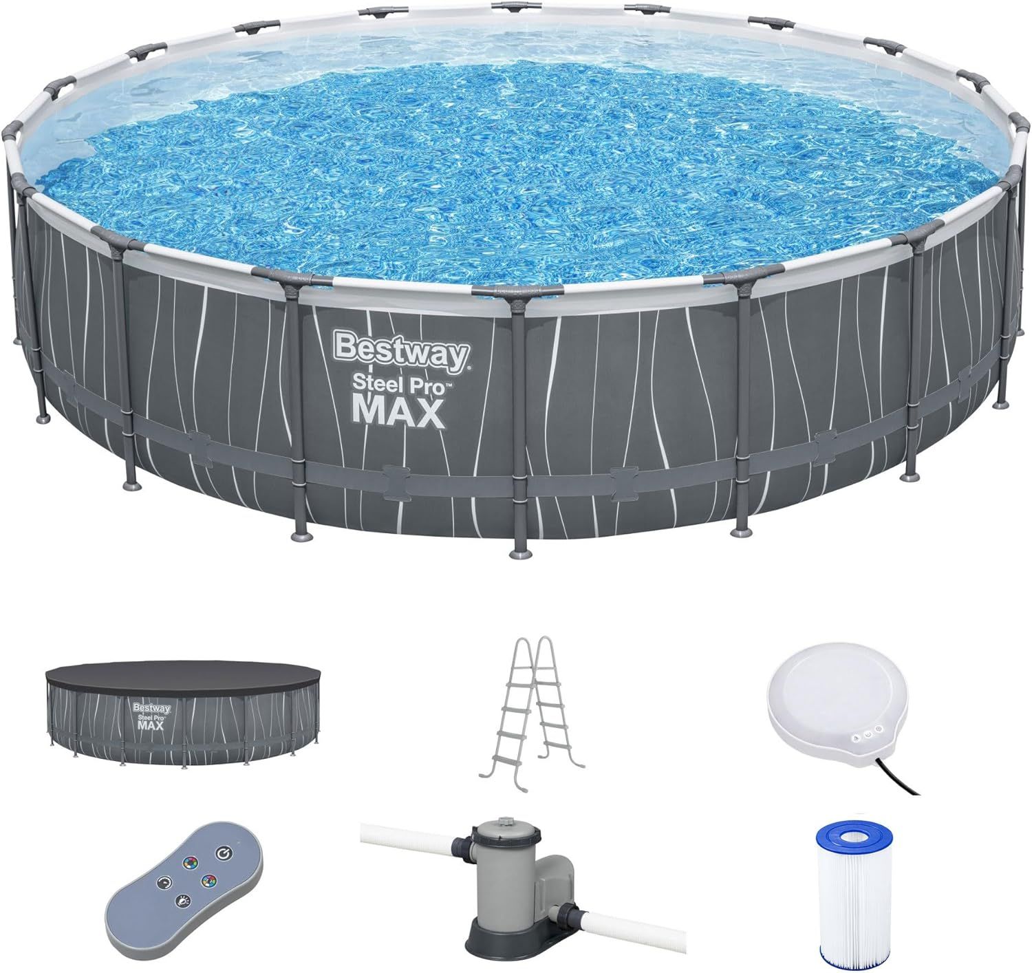 Bestway Steel Pro MAX 18 Foot x 48 Inches Metal Frame Above Ground Round Swimming Pool Set with LED Light, Remote Control, Ladder, and Pool Cover 18ft