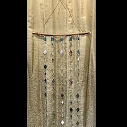 Diamond Shaped Lozenge Mirrors & Teal Glass Beads XL Wind Chime Sun Catcher Mobile 