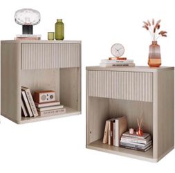 Set of 2 Modern Nightstands with Drawer & Open Storage – Light Wood