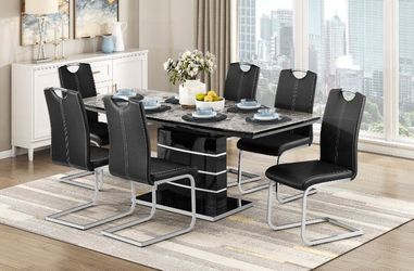 Modern Expandable Dining Set in High-Gloss White & Gray or Black & Gray Stone