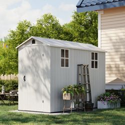 New 4'x8' Outdoor Resin Storage Shed, Lockable Garden Tool Shed, Durable Design for Yard Storage, White Gray  New in box T-PS24-0436B-4WT  4 ft. x 8 f