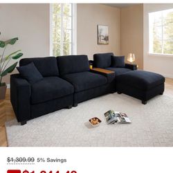 L-Shaped Oversized Couch,Drop Down Table,360-degree Swivel tray,Cup Holders,USB Charger,Storage Ottoman and Armrest - Black