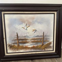 Orignal Wetland landscape “ducks” framed oil painting