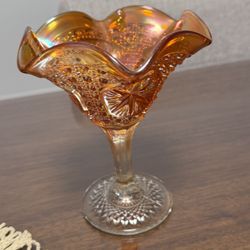 Imperial Marigold Carnival Glass Star Medallion Compote Footed Candy Dish